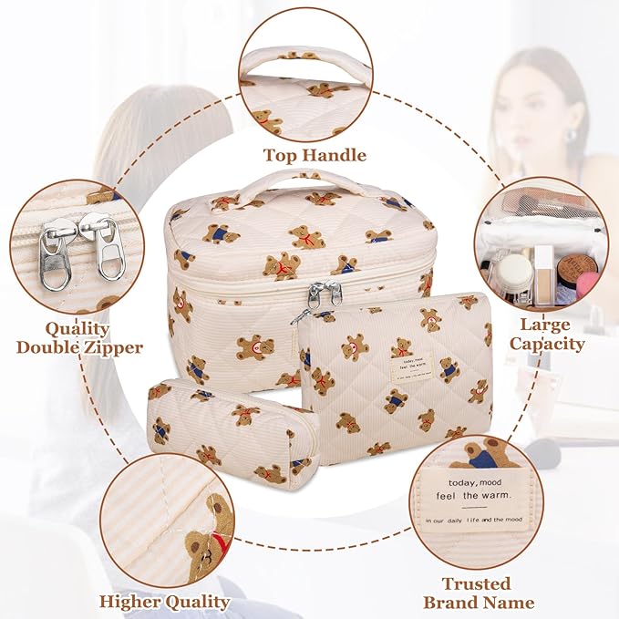 Gosect 3PC Makeup Bag Set, Quilted Makeup Bag, Large Floral Cosmetic Bag for Women, Cute Cotton Makeup Bags, Flower Travel Toiletry Organizer Bag (Bear)
