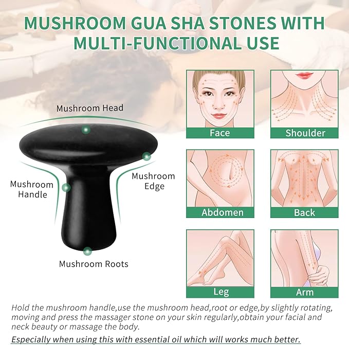 HDYAR Hot Stones for Massage-6 Large Essential Basalt Massage Stones Set (3.15in) with 2 Mushroom Shape Gua Sha Facial Tools, Massage Tools for Professional or Home SPA, Relaxing, Pain Relief
