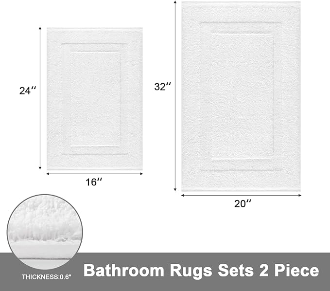 SHACOS Soft Fluffy White Bath Rugs Mats Set of 2 Pieces 16x24 + 20x32 inch, Non Slip Washable Bathroom Rugs, Microfiber Absorbent Bath Rug Plush Floor Rug Carpet