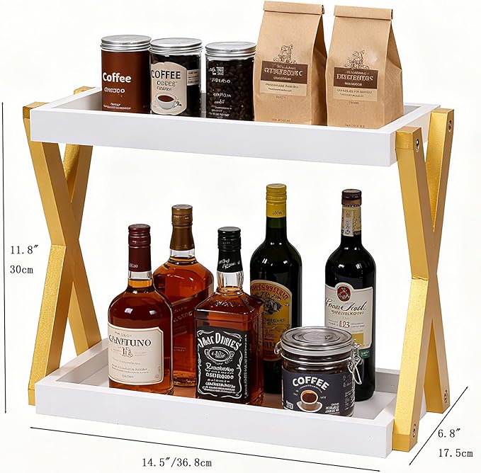 DUICIRX Bathroom Counter Organizer, Wooden Sink Shelf for Vanity Storage, Storage Organizers for Bathroom, Kitchen, Dresser (Gold-White)