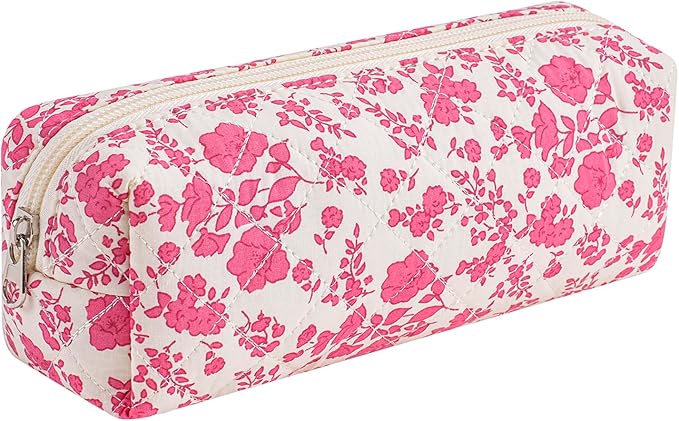 WHHJM Cute Floral Makeup Brush Bag Small Cotton Quilted Cosmetic Bag for Women Travel Toiletry Zipper Make Up Pouch (Rose Red Floral)