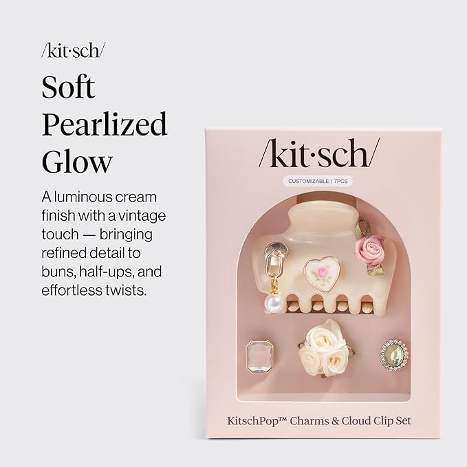 KitschPop ™ Hair Clips For Women with Charm Sets -Customizable Cloud Claw Clip With Interchangeable Collectible Cute Charms - Pearlized Cream, 7pcs Set