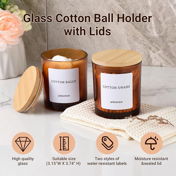 unisence Glass Qtip Holder 2 Pack , Qtip Holder Dispenser Bathroom Set Bathroom Organizers and Storage Q tip Holder with Lid Makeup Storage Organizer for Cotton Swabs,Cotton Balls,Pads ,Amber