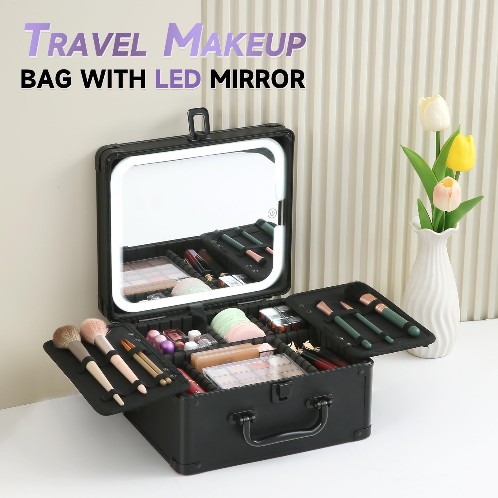 Leeora&Leekoo Makeup Case with Lighted Mirror, Portable Train Case Organizer for Makeup & Beauty Tools, Professional Cosmetic Storage Box (Black)