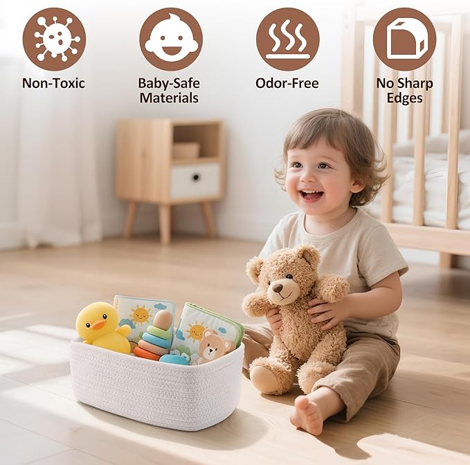 VIRETH HAUS 5-Pack Small Woven Rope Storage Baskets – 2 Sizes Organizer Bins for Closet, Shelf, Bookshelf, Nursery, Changing Table, Fabric Cube Boxes, Rectangular Shallow Bins for Bathroom, Toy & Home