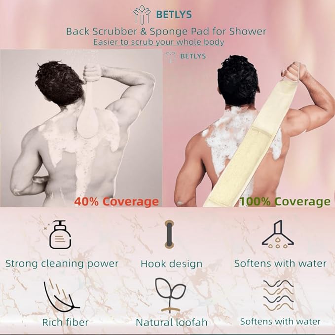 BETLYS Natural Loofah Sponge Exfoliating Body Scrubber, Loofa Back Scrubber for Shower Set for Men and Women (3 Pack), Luffa Sponge Pads & Exfoliating Glove Deep Clean & Invigorate Your Skin, Yellow