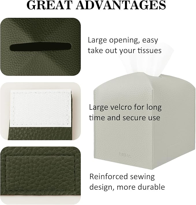 Tissue Box Cover Holder Square Tissue Cube Cover PU Leather Tissue Organizer with Bottom Belt for Bathroom, Tabletop, Car, Night Stands, Office, Home, Kitchen (1, OliveGreen)
