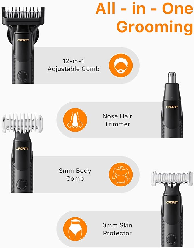 [2026 Upgraded] Beard & Nose Hair Trimmer Kit, [All-in-One] 12 in 1 Rotating Comb, Travel Body Hair Electric Shaver for Men, USB-C Fast Charging, Painless Razor Waterproof Wet/Dry, Black(Pack)