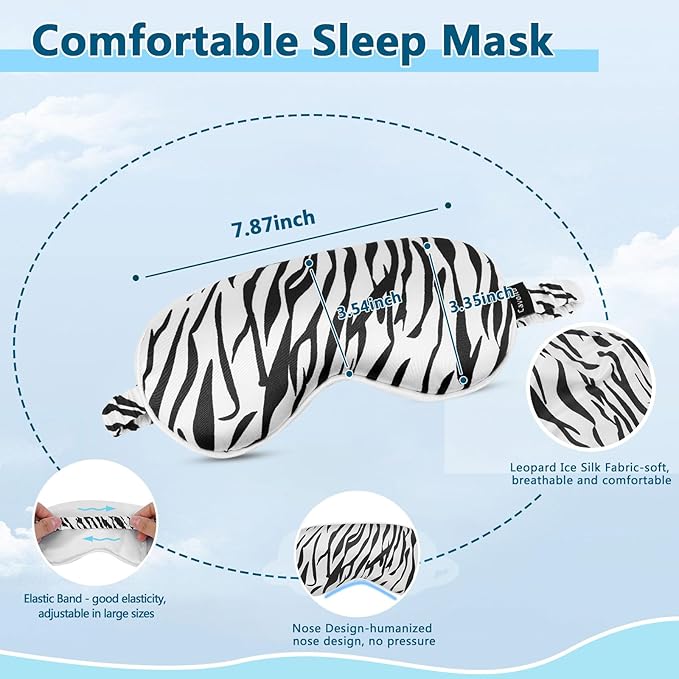 Cavoilu Sleep mask w/Cooling Gel Eye Mask, Heated Eye Mask for Sleeping, Reusable Ice Silk Stain Eye Cover Sleeping Mask for Travel, Home, Office, Yoga, Total Blackout, Stocking Stuffer (Zebra)