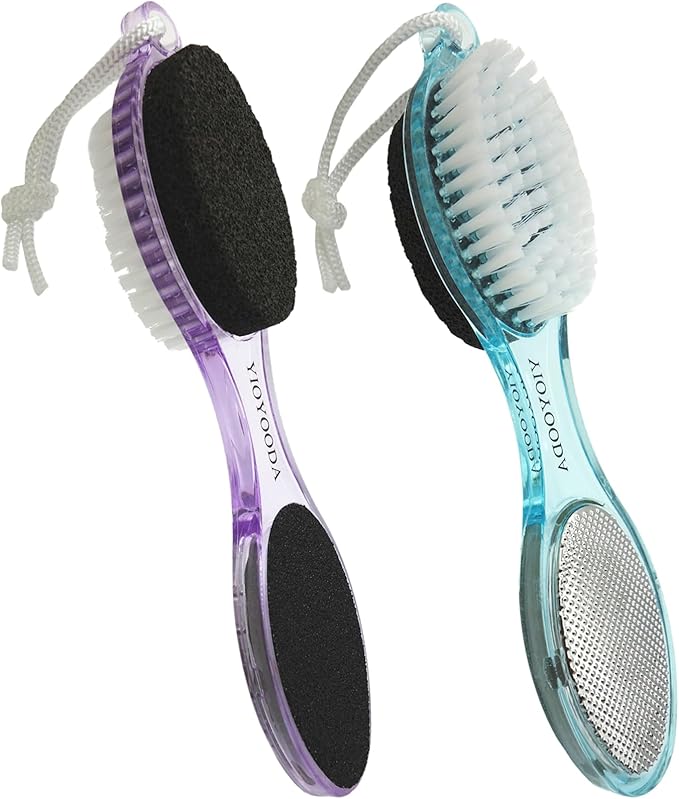 Foot File Callus Remover 4-in-1, Feet Scraper Pedicure Tools with Pumice Stone, Scrubber Brush, Foot Rasp and Sand Paper, Double Sided Multi Purpose, Clear Blue and Purple