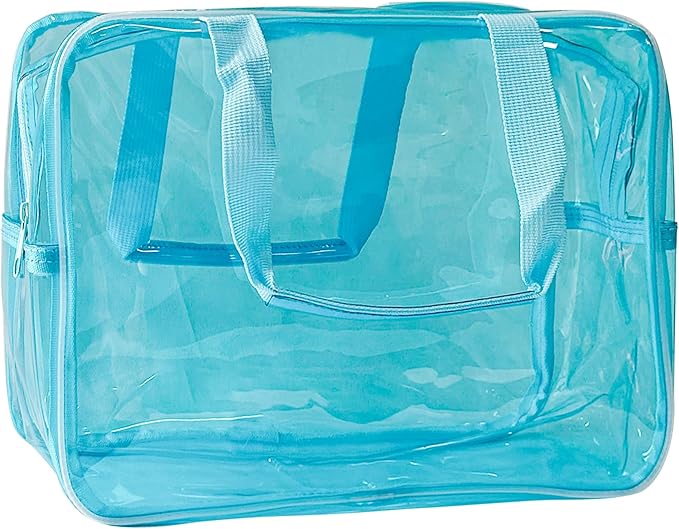 TotePrint PVC Sky Blue Pure Color Transparent Gift Pouch Wash Travel Makeup Cosmetic Bag with Handle for Travel Bathroom Toiletry Organizer (Sky Blue)
