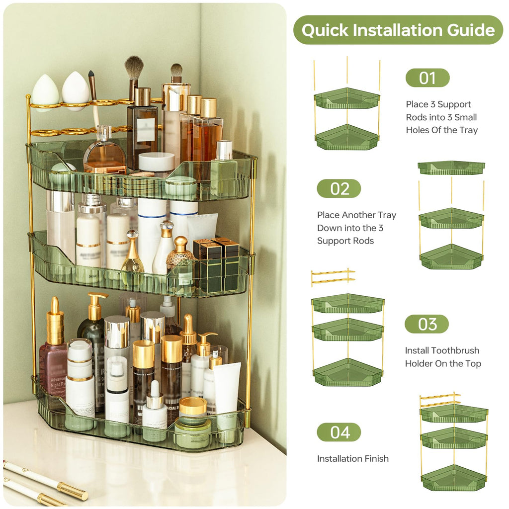 ZZWILLB Corner Bathroom Counter Organizer with Makeup Brush Holder & Toothbrush Holders, Makeup Organizer for Vanity Countertop, Acrylic Skincare Storage Shelf (Green, 3-Tier)