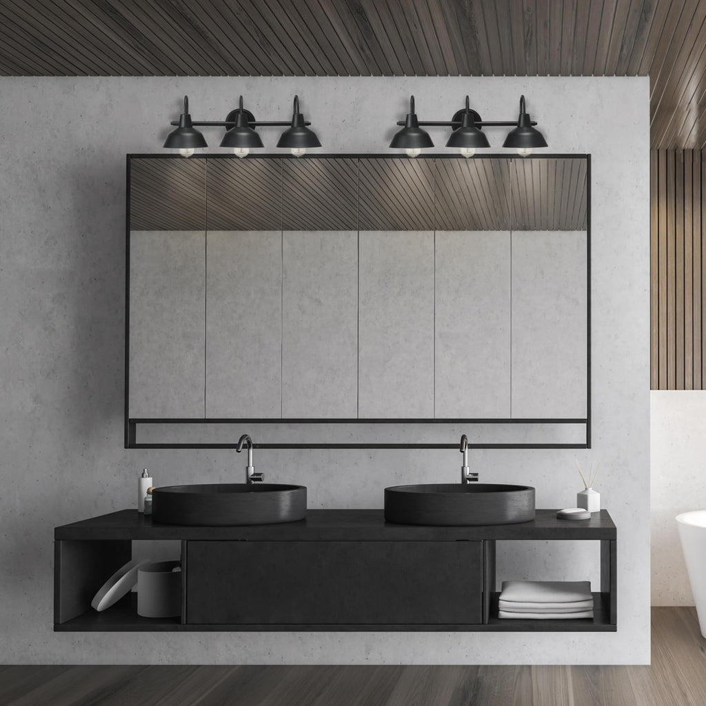 Globe Electric 65554 Barnyard 3-Light Vanity Light, Matte Black, White Interior Shades