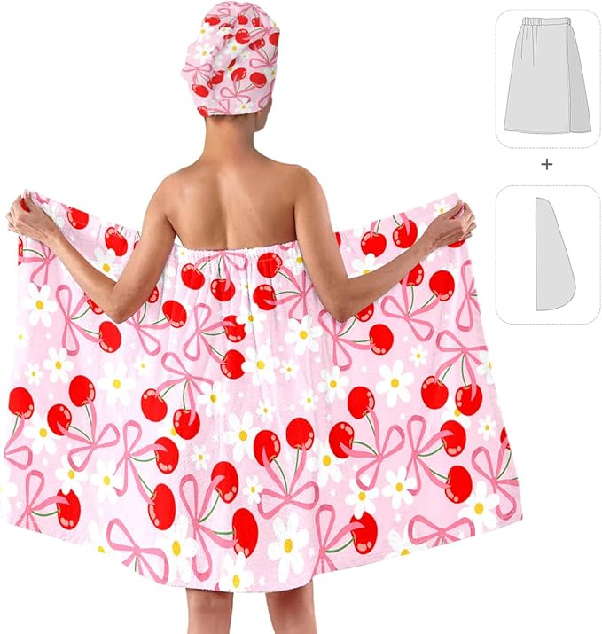 Cherry Print Bath Wrap with Matching Hair Drying Cap – Soft Microfiber Quick Dry Shower Towel Skirt Set for Women, Girls, Spa and Travel (Cherry 6)