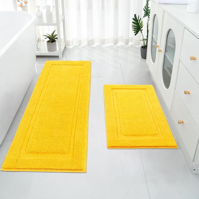 SHACOS Super Soft 2 Pieces Bathroom Runner Rugs Set Non Slip Washable 20x47+ 20x32 inch Fluffy Plush Microfiber Long Bath Runner Rugs Sets Bath Mat Bathroom Carpet, Yellow