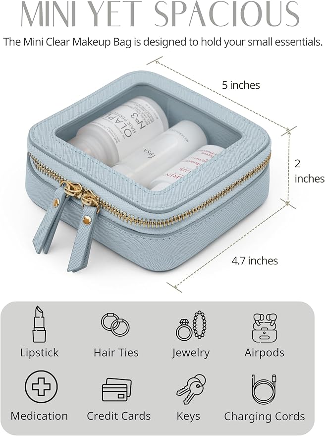 Popvibe Clear Makeup Bag Travel Cosmetic Case Transparent Toiletry Bag with Zipper, Portable Make Up Organizer Traveling Compact Car Bag for Essentials, Light Blue, Mini