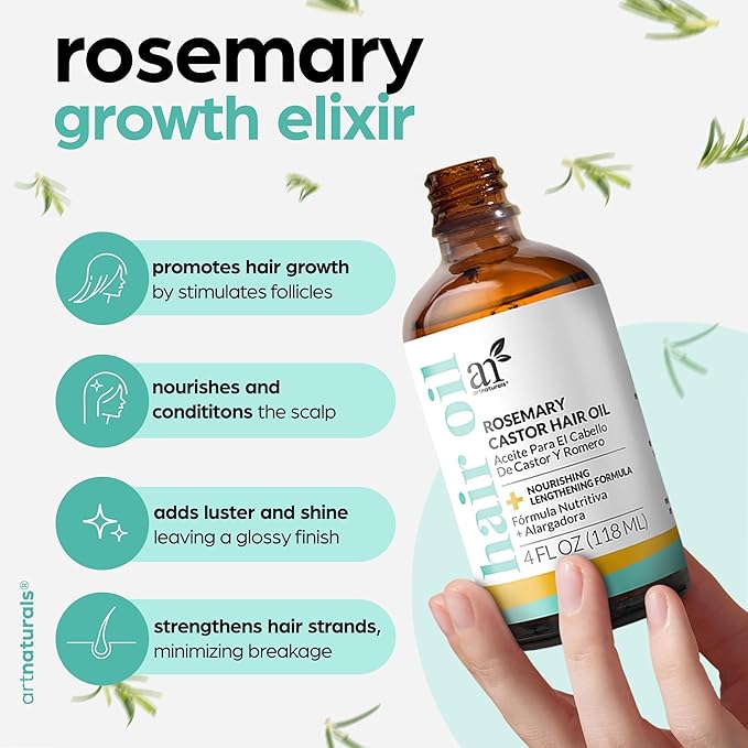 ArtNaturals Organic Rosemary Castor Hair Growth Tonic Oil + Massager Hair Regrowth Set, 4 oz with Coconut & Olive Oil, Scalp Treatment for Dry, Damaged & Split Ends