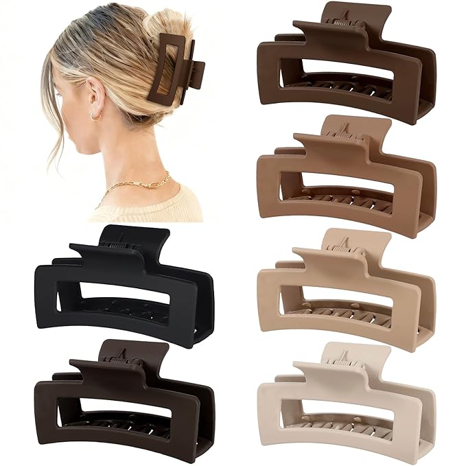 Sisiaipu 3.5 Inch Medium Hair Claw Clips 6 Pack Hair Clips for Women Square Rectangle Claw for Hair Banana Jaw Clips Hair Accessories for Girls -Coffee Brown