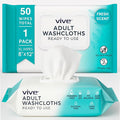 Vive Disposable Washcloths for Adults & Elderly (1 Pack - 50 Count - 8"x12") – Incontinence Wipes for Men & Women – Hypoallergenic No Rinse Adult Body Wipes for Sensitive Skin – Fresh Scent