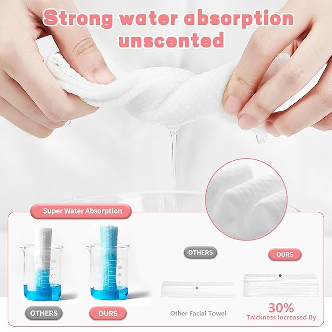 100 Count Disposable Face Towel, Ultra Soft & Thick Washcloths, Biodegradable Facial Towels for Sensitive Skin, Makeup Remover Dry Wipes, Lint-Free Towelettes for Cleansing (2 Pack)
