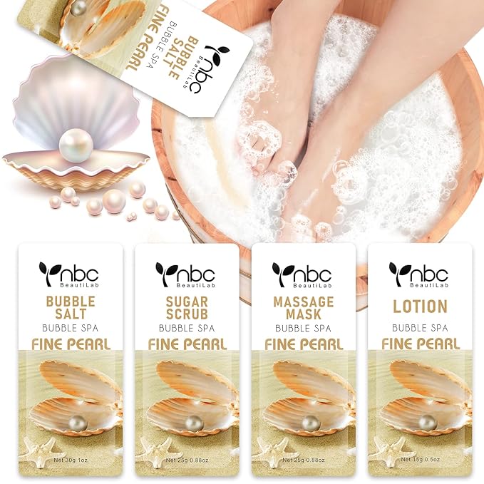 nbc BeautiLab Pedicure Kit Foot Soak Set: Bubble Salt, Sugar Scrub, Massage Mask, Massage Lotion in a Box, 4 Step Foot Spa Kit for Dry Feet,Tired Feet（1 Set Pearl )