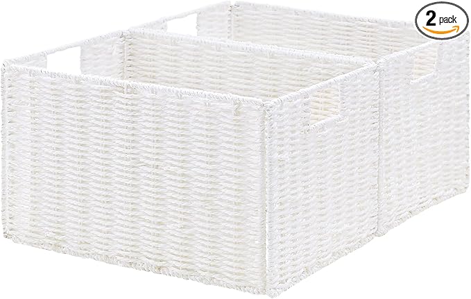 Vagusicc Wicker Storage Basket, Set of 2 Hand-Woven Paper Rope Wicker Basket, Large Storage Baskets for Organizing, Foldable Large Cube Storage Organizer Bins for Shelves (White)