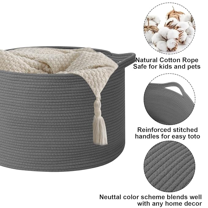 115L Large Blanket Basket,23.6" L x 23.6" W x 15.7" H Rope Woven Baskets with Handles, Toys Storage Bins,Laundry Basket Perfect for Living Room, Nursery,Bedroom,Home Organization,Dark Gry