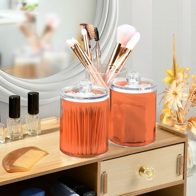 Coral Qtip Holder Organizer Dispenser Cotton Swabs Cans Plastic Jars with Lid Set 4 Pack Bathroom Storage Canister for Cotton Ball Floss Cotton Pads