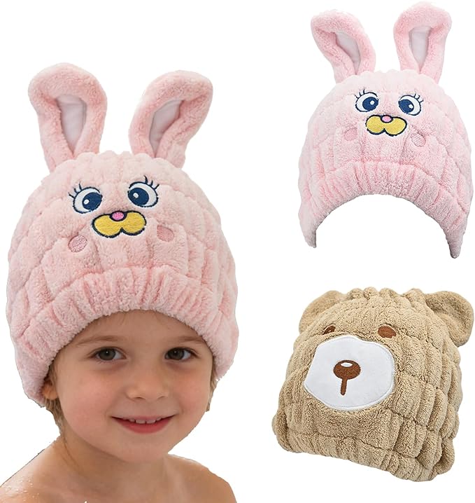 Ksheria 2 PCS Microfiber Hair Towel Wrap for Kids, Girls & Women,Cute Unicorn and White Rabbit Dry Hair Cap - Super Absorbent Quick Drying, Lightweight Turban Towel for Wet Hair (Brown) (Color A)