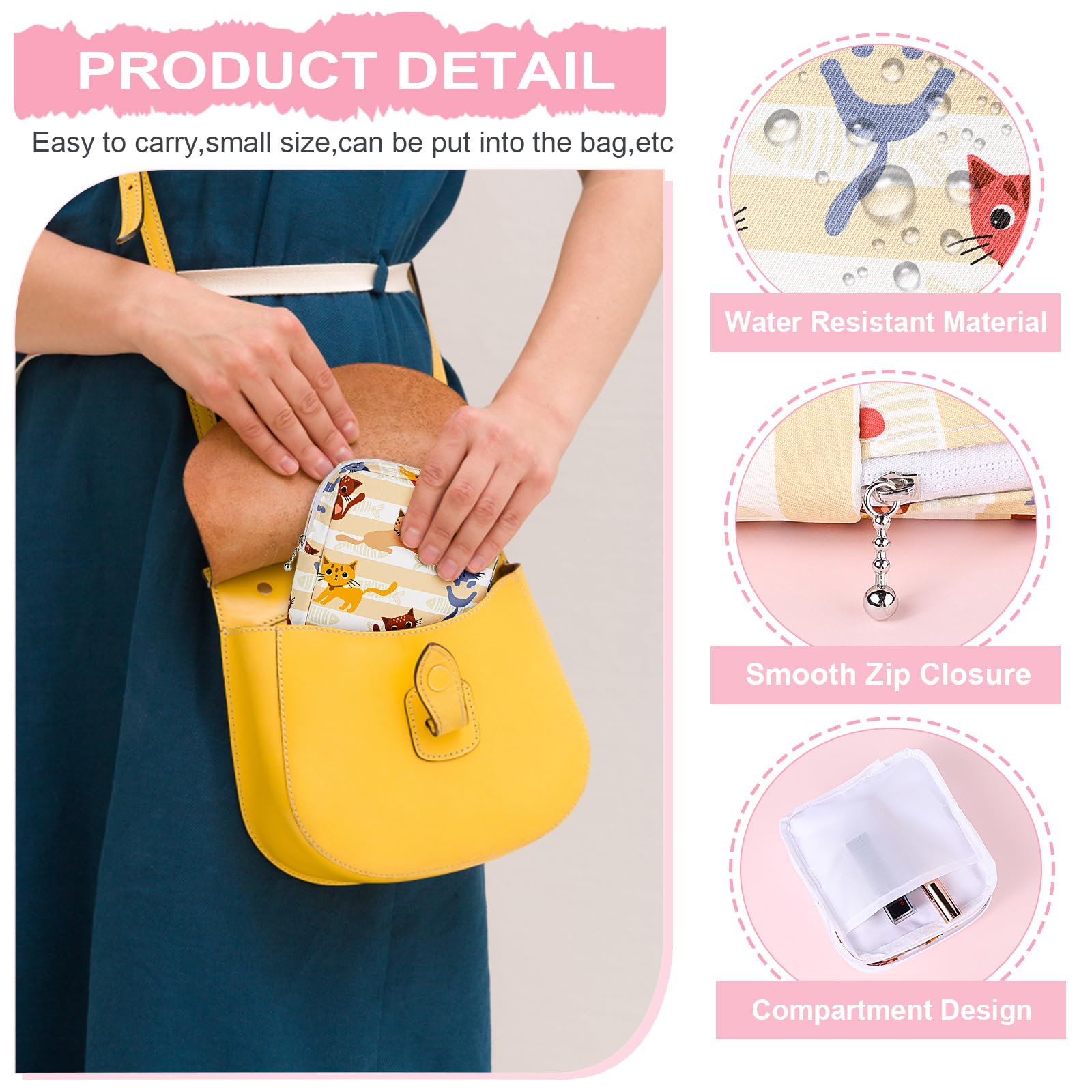 Desing Wish Sanitary Pad Storage Bag Portable Period Bag for Teen Pads/Sanitary Napkins/Small Tampons, Sanitary Napkin Storage Bag First Period Gifts for Teen Girls (Pink-White Checker)