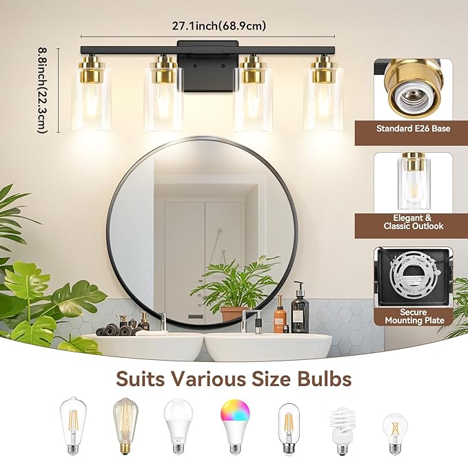 VerRon 4-Light Black & Gold Bathroom Light Fixtures Over Mirror 27 Inches