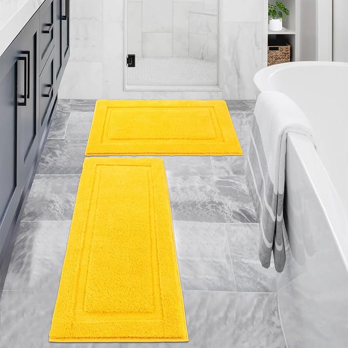 SHACOS Super Soft 2 Pieces Bathroom Runner Rugs Set Non Slip Washable 20x47+ 20x32 inch Fluffy Plush Microfiber Long Bath Runner Rugs Sets Bath Mat Bathroom Carpet, Yellow