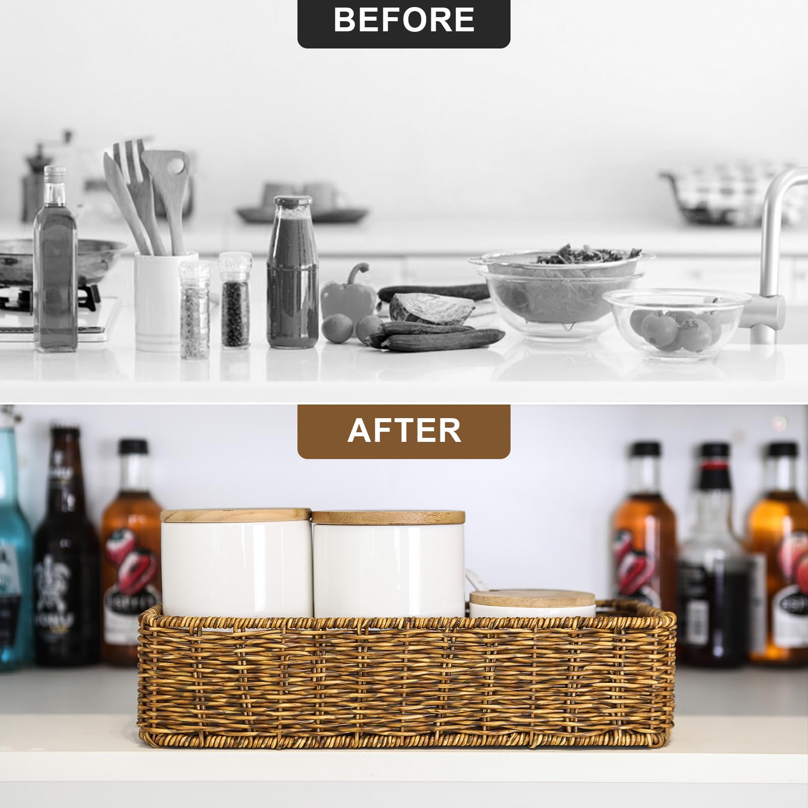 Small Wicker Basket for Toilet: Waterproof Storage Basket Organizing Over Tank Topper Tan 2pack
