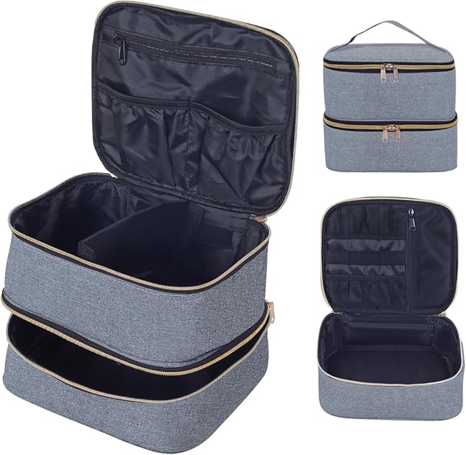 TANPADUAJI Double Layer Makeup Bag Portable Large Cosmetic Case Organizer with Adjustable Dividers Storage Travel Bag for Accessories Brushes Conditioner and Skin Care Products (Gray Gold)
