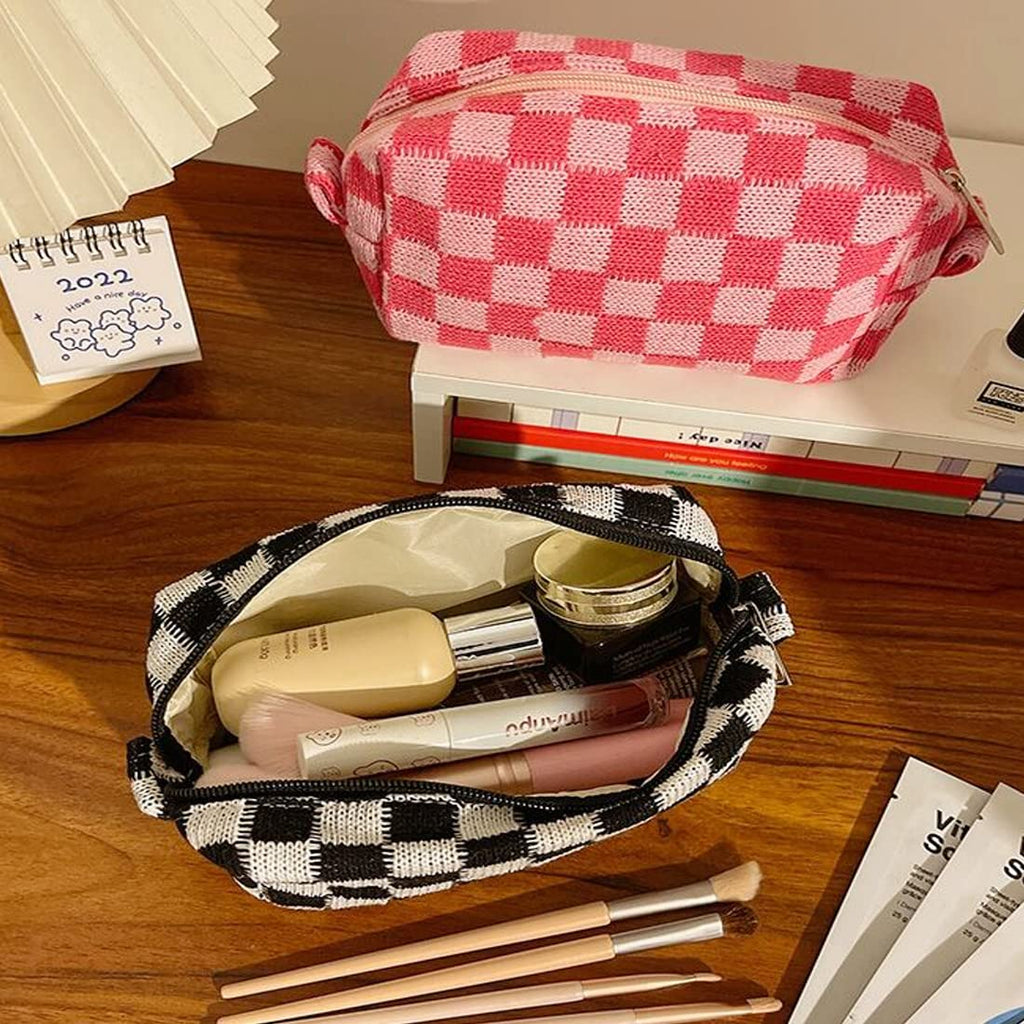 SxoSyo 2 Pcs Checkered Makeup Bags, Make up Brushes Pouches, Purple
