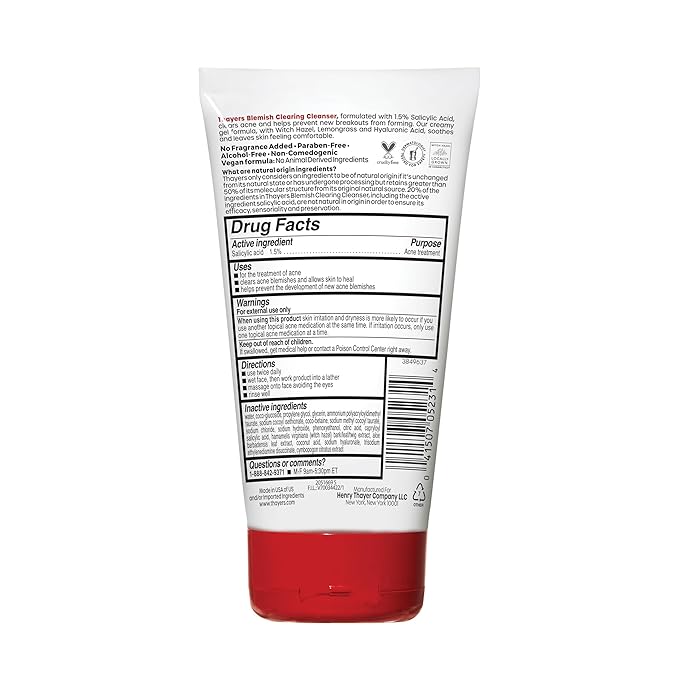 THAYERS Blemish Clearing Face Cleanser with 1.5% Salicylic Acid,Acne Treatment Face Wash,Soothing and Non-Stripping Skin Care,4.4 Fl Oz,(Pack of 2)