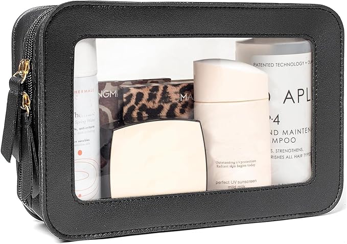 FFpaw Clear Makeup Bag Organizer, TSA Approved Portable Travel Toiletry Bag Clear Cosmetic Bag Case Small Make Up Bag Mini Makeup Pouch for Purse Car Essentials for Women Men (Black)