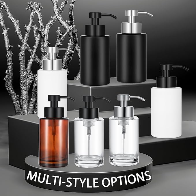 Foaming Soap Dispenser Set, 12 Oz Glass Hand Soap Dispenser with 304 Rust Proof Stainless Steel Pump, Waterproof Labels, for Bathroom Decor Kitchen College Dorm, Brown Black Pump 2 Pack