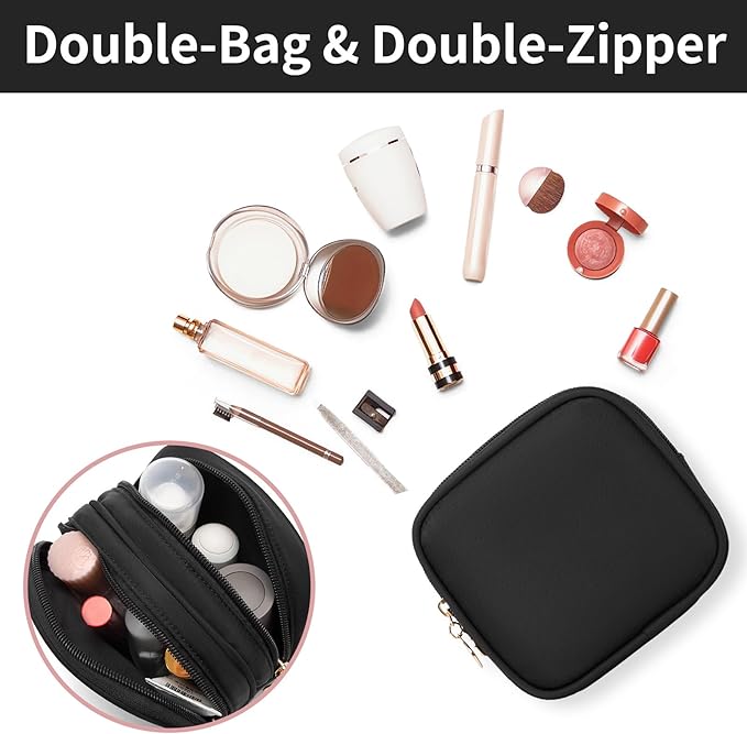 XIAOLER 2PCS Small Makeup Pouch, Double Zipper Cosmetic Bag, Travel Makeup Bag, Cute Makeup Bag for Purse, Mini Toiletry Bag (Black+White)