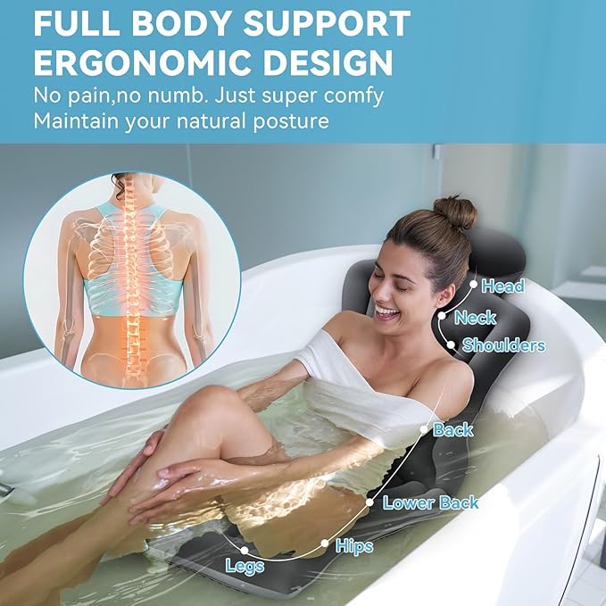 Full Body Bath Pillow for Bathtub RUVINCE Ergonomic Luxury Bathtub Pillow with Head,Neck, Shoulder and Back Support, 6D Bath Pillows for tub with 192 Powerful Suction Cups, Fits All Bathtub