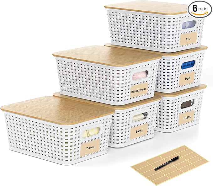 Plastic Storage Baskets with Bamboo Lids and Labels, Stackable Storage Containers, Storage Bins for Organizing Shelves Drawers Desktop Closets Office, 6 Packs-White