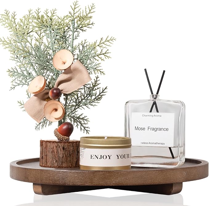 Round Decorative Tray Farmhouse Kitchen Decor Soap Dish, 11" Walnut