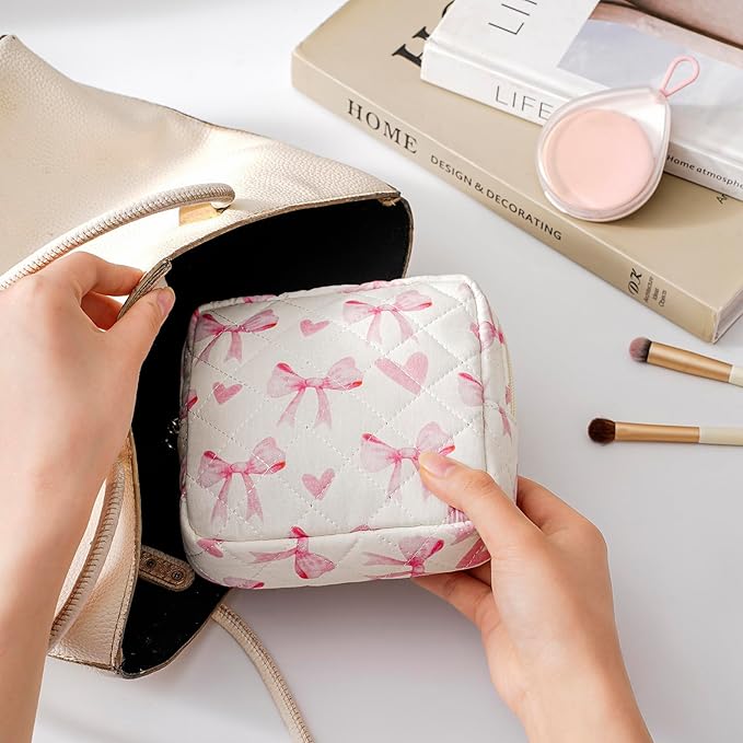 Small Quilted Cotton Makeup Bag for Purse, Cosmetic Bag with Compartments, Cotton Aesthetic Makeup Bag, Travel Toiletry Pouch, Lipstick Bag Card Holder Data Cable Organizer (12Heart Bow)
