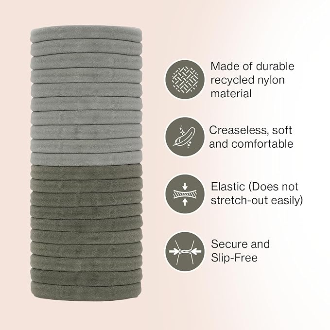 Kitsch Nylon Hair Ties No Damage - Stretchable Hair Bands for Strong All-Day Hold, Ponytail Holders | Hair Accessories for Girls - Eucalyptus, 20 Pcs