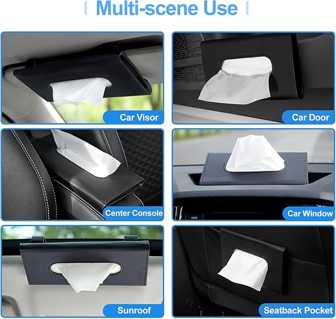 Car Tissue Holder, Upgraded Version Hanging Tissue Holder in Car, Premium PU Leather Cars Napkin Holder for Universal Auto, Easy to Use (Black)