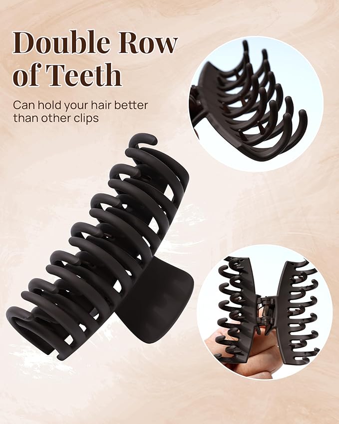 Mesovor 4 Pack Double Row Teeth Hair Claw Clips, 3.5" Large Strong Hold Matte Hair Clips for Thin and Short Fine Hair Accessories (2pcs Black, 2pcs Dark Brown)