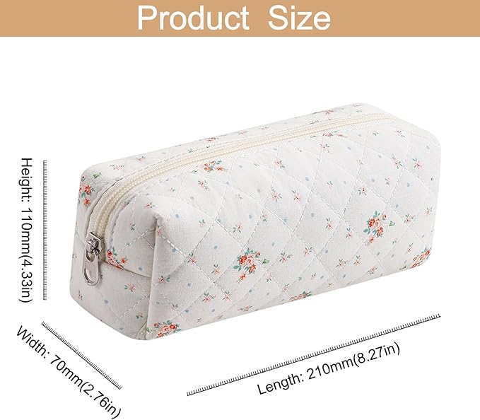 HHQQWZ Cute Floral Cotton Makeup Brush Cosmetic Bag for Women, Travel Quilted Zipper Make Up Bag, Flowers Toiletry Organizer Case Kawaii Makeup Cosmetic Travel Cloth Pouch (White Small Flower)