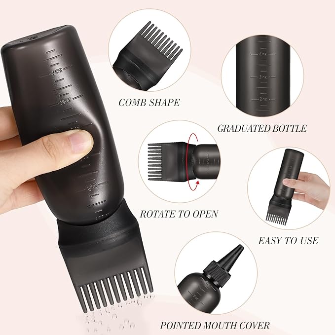 Pimoys Root Comb Hair Dye Oil Applicator Bottles For Scalp Brush, Black