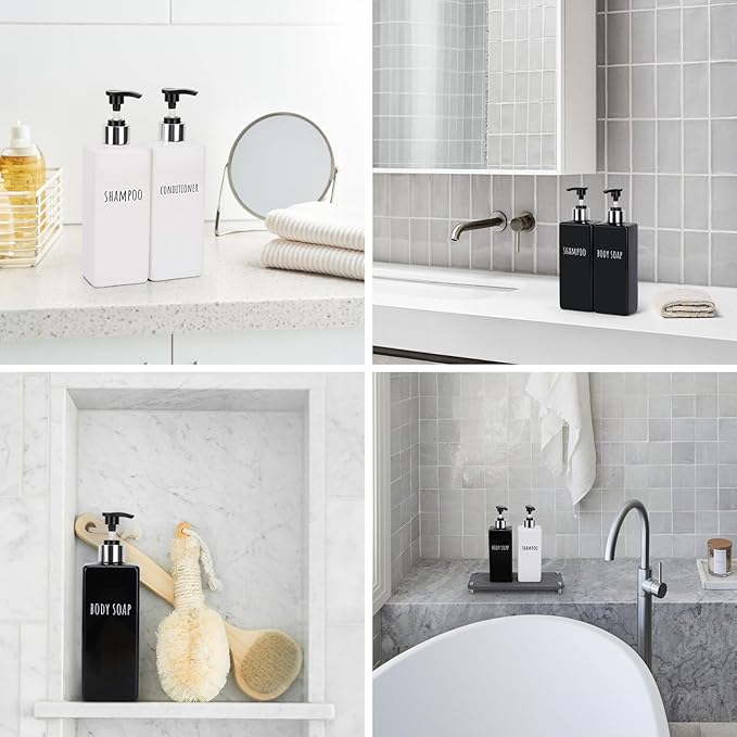 Segbeauty 6pcs Bathroom Soap Dispenser, 16.9oz Reusable Shampoo and Conditioner Bottles, 500ml Empty Plastic Square Black Soap Dispenser, Liquid Soap Dispenser Lotion Dispenser for Bathroom Kitchen