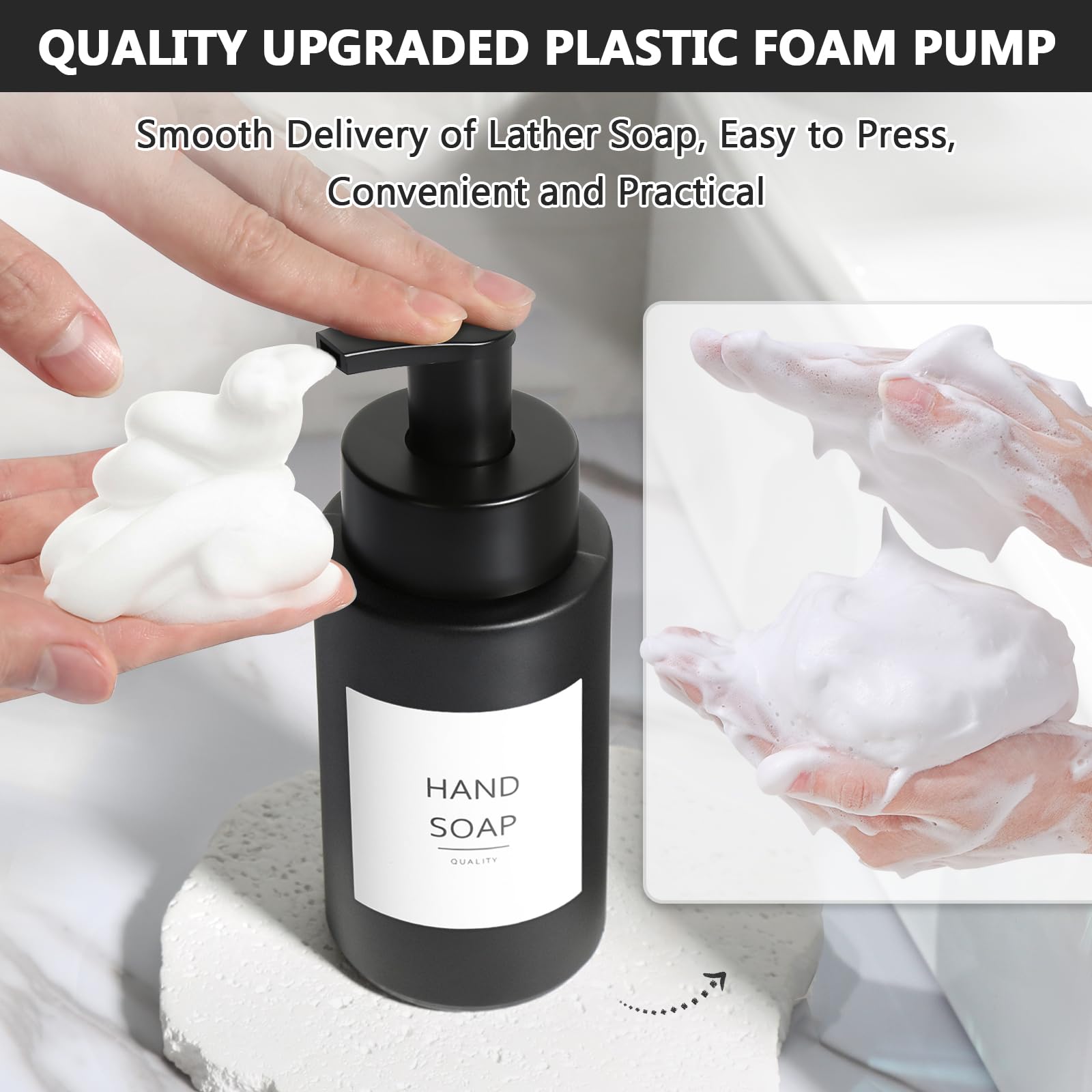 RYTOXILO Matte Black Foaming Hand Soap Dispenser, 10 oz/300ml Glass Foam Dispenser, 2 Pcs Foaming Soap Dispenser for Bathroom, Black Refillable Pump with Waterproof Labels